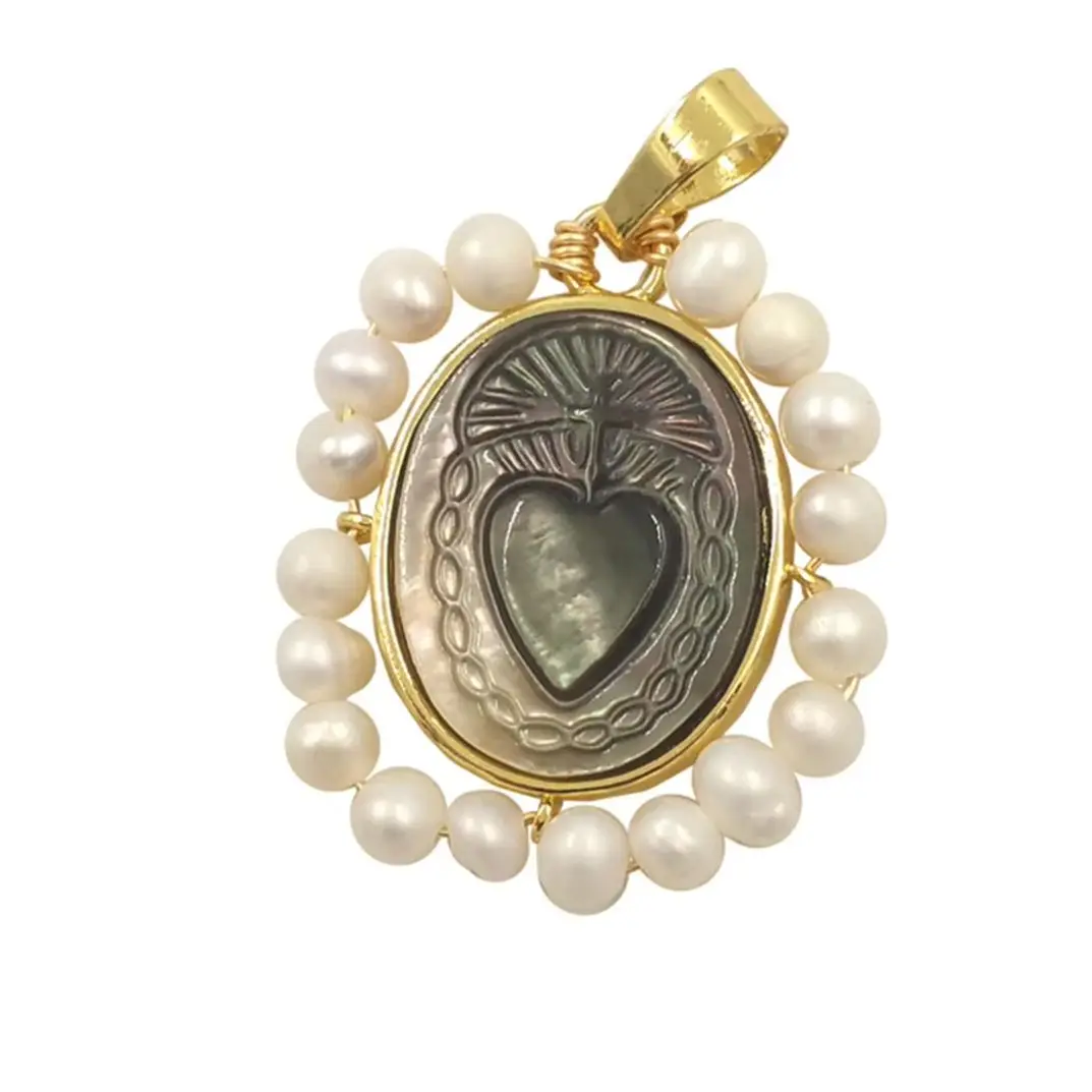 WT-JP254  Newest WKT Handmade Freshwater Pearl Pendant Gold Bezel Shell Mary Heart Shaped Women Religious Charm