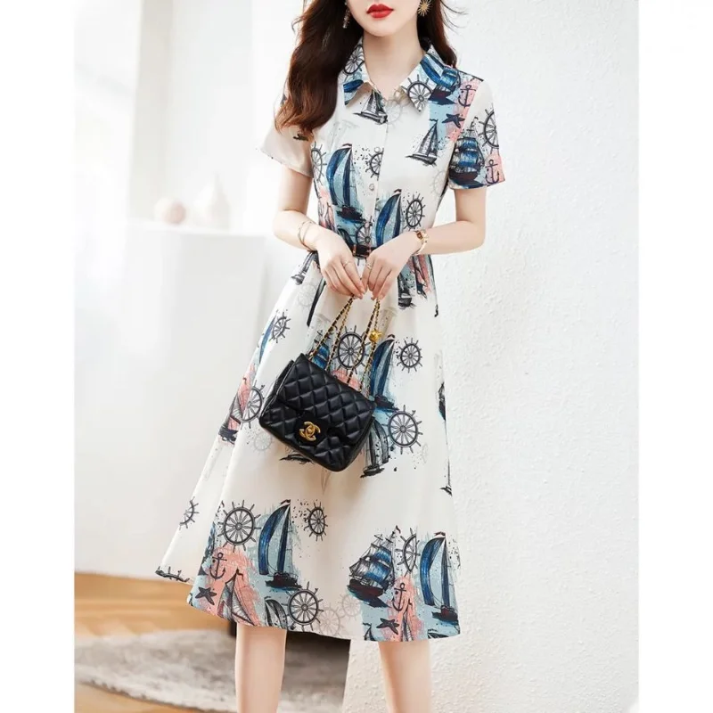 Womem Summer New Polo Neck Pullover Dress Fashion Elegant Long Dress Printed Button Spliced Versatile Short Sleeve A-line Dress