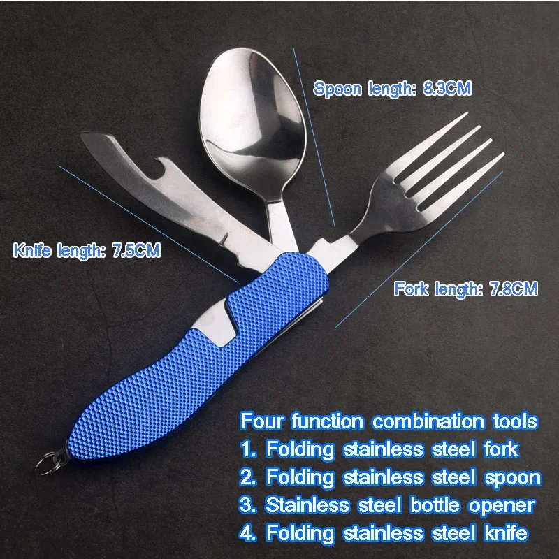 4 In 1 Outdoor Tableware Set Camping Equipment Cooking Supplies Stainless Steel Spoon Folding Pocket  Home Picnic Hiking Travel