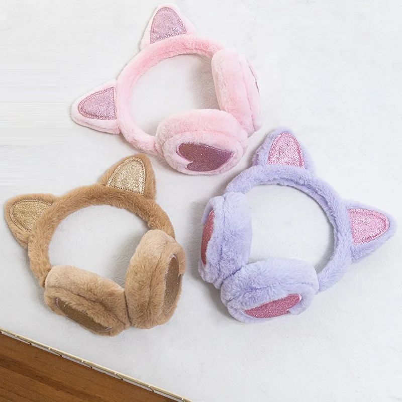 Cute Glitter Cat Ear Earmuff Soft Plush Warmer Winter Warm for Women Men Fashion Solid Earflap Outdoor Cold Protection Ear Cover