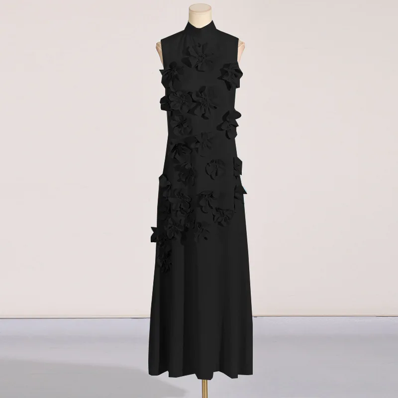 Verão temperamento elegante gola alta sem mangas cor sólida vestido longo 2025 nova flor colagem design vestidos longos senhoras