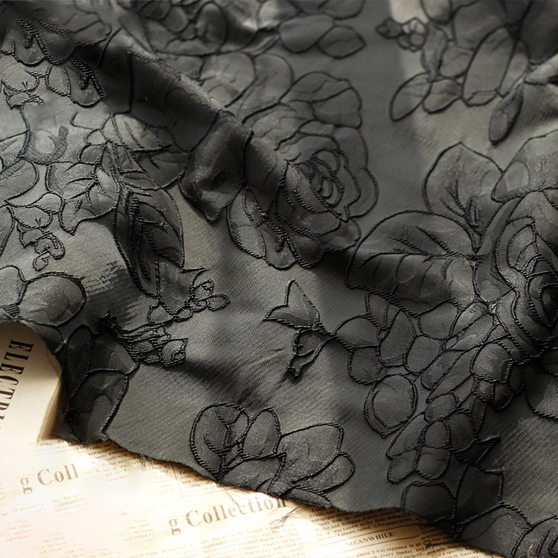 Black Embossed Large Flower Yarn Dyed Jacquard Fabric Spring Summer Luggage Bag Skirt Dress Making Fabric 50cmx140cm