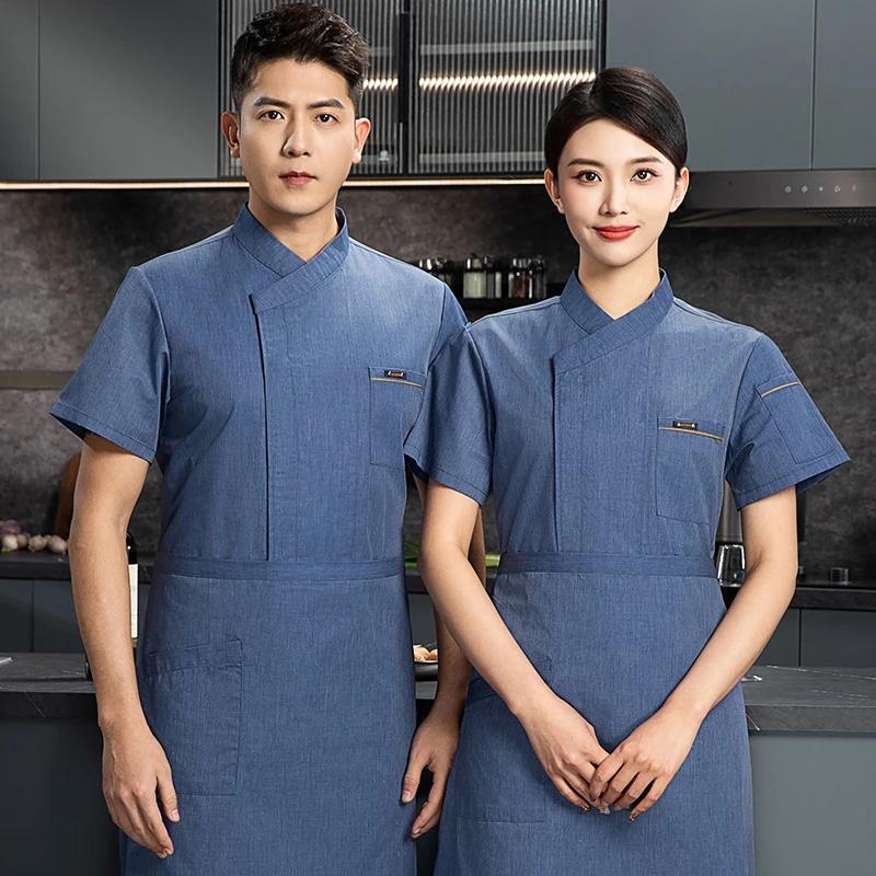 Kitchen Men Chef suit Jacket black uniform short sleeve Restaurant Chef coat apron work clothes Chef shorts Summer Breathable