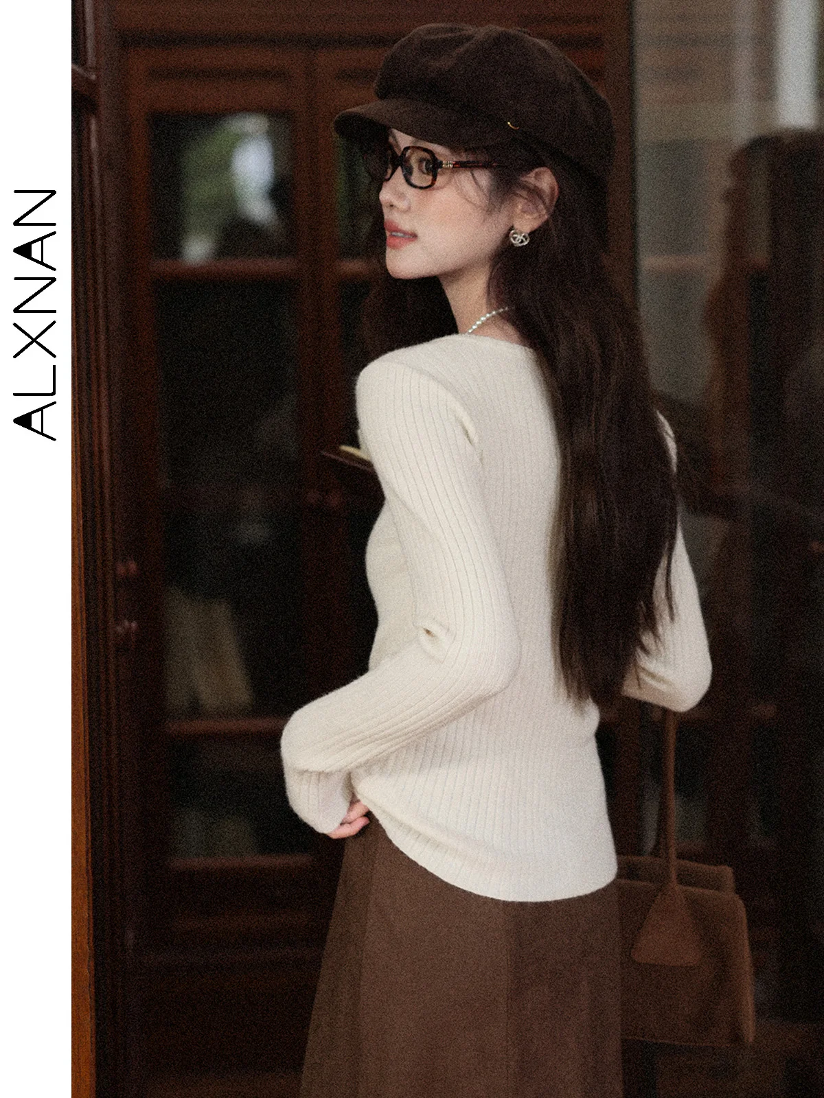 ALXNAN frauen Pullover Apricot Rundhals Langarm Pullover Herbst Winter Elegante Casual Slim-fit Gestrickte Tops Weibliche L56950