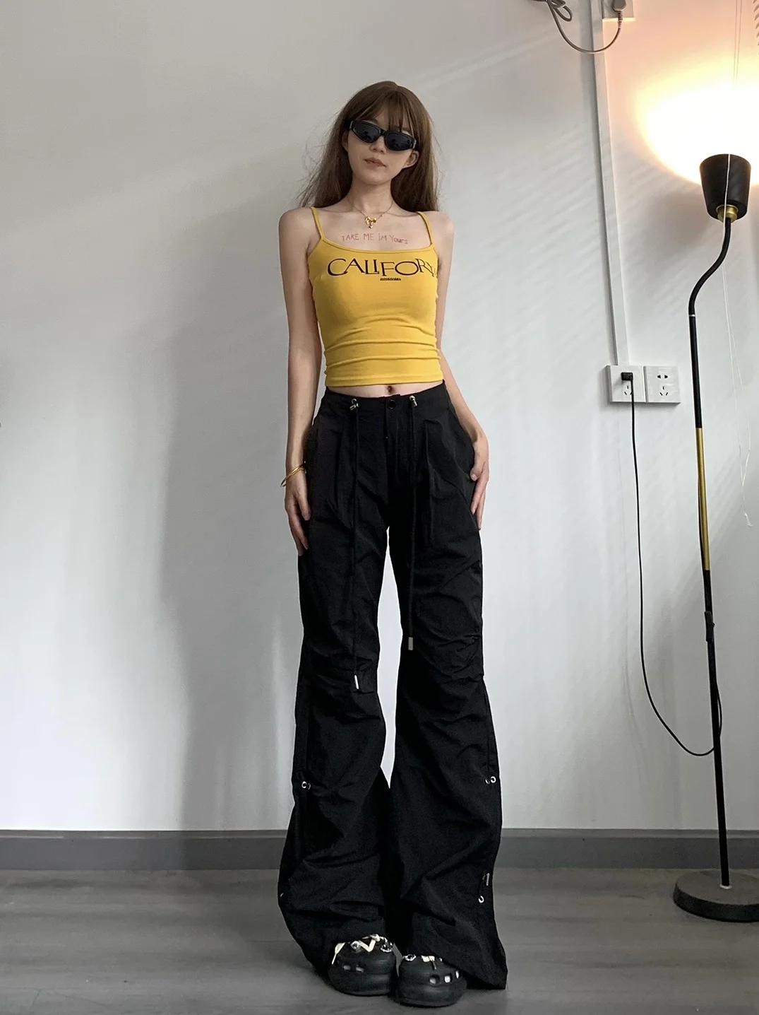

American Street Sle Flared Pants Women's Wide Leg Pleated Casual Long Trousers Streetwear Spor Comfortable Polyester Fiber