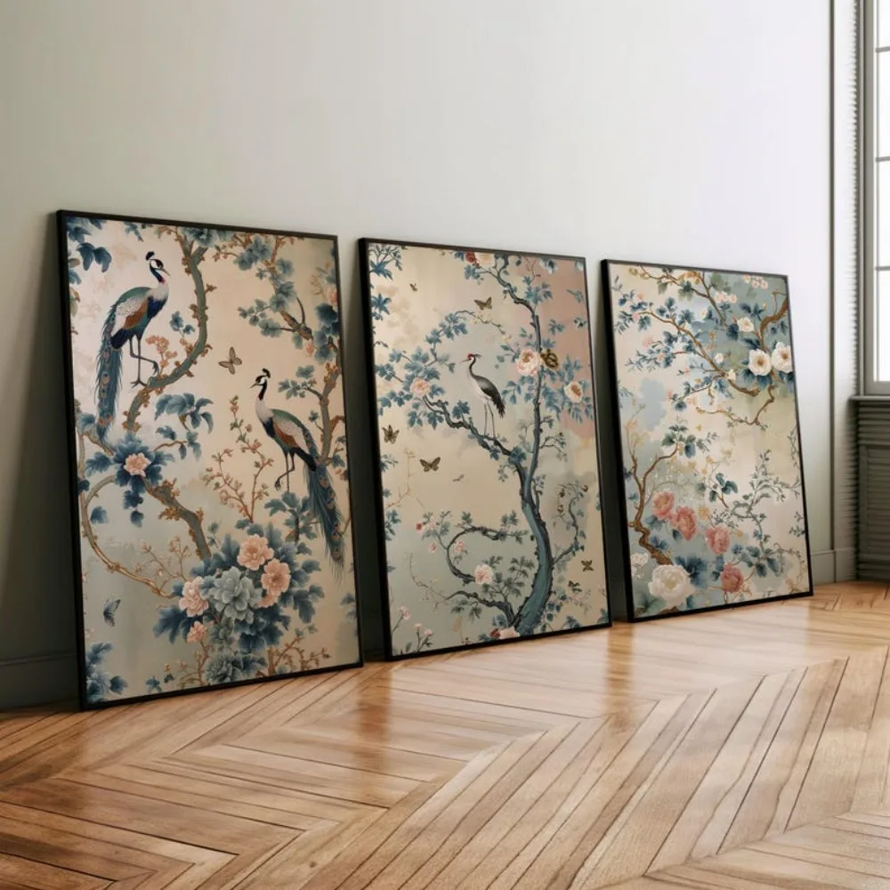 3pcs frameless Canvas Painting 3pcs Frameless Canvas Wall Art Crane and Bird Prints,Oriental Plants Digital Download,Blue and Wh