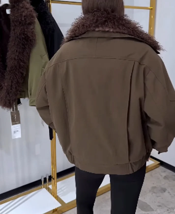Fashion Brown Faux‑fur Collar Jackets Long Sleeve Cropped Bomber Oversized Outerwear Y2k Winter Warm Outer Coats 2026 New