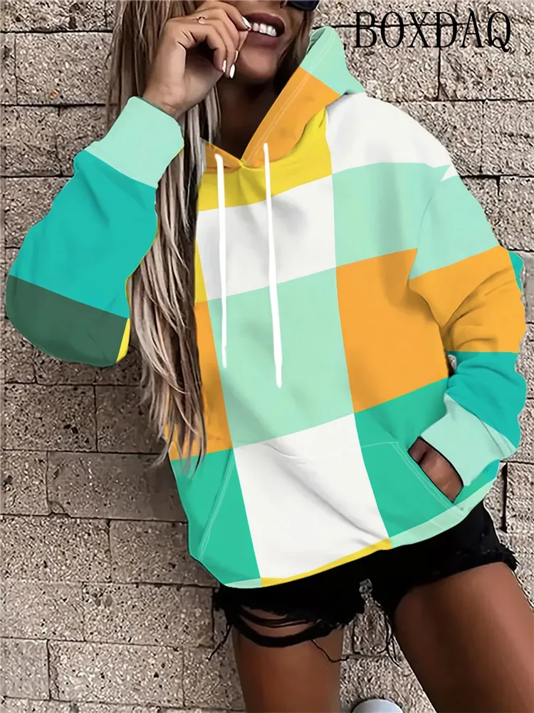 Long Sleeved Hooded With Pockets Casual Women's Hoodies Drawstring Grid Patterned Printed Sweatshirt Autumn Daily Street Tops