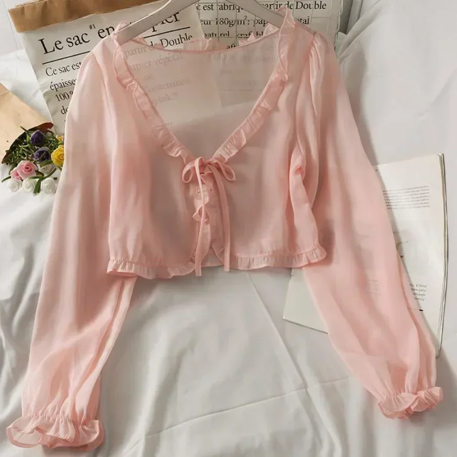 Sun-protection Long Sleeve Thin Breathable T-shirts Women Lace Bow Cardigan Blouse Clothing Ruffles Outwear Blouse for Covers