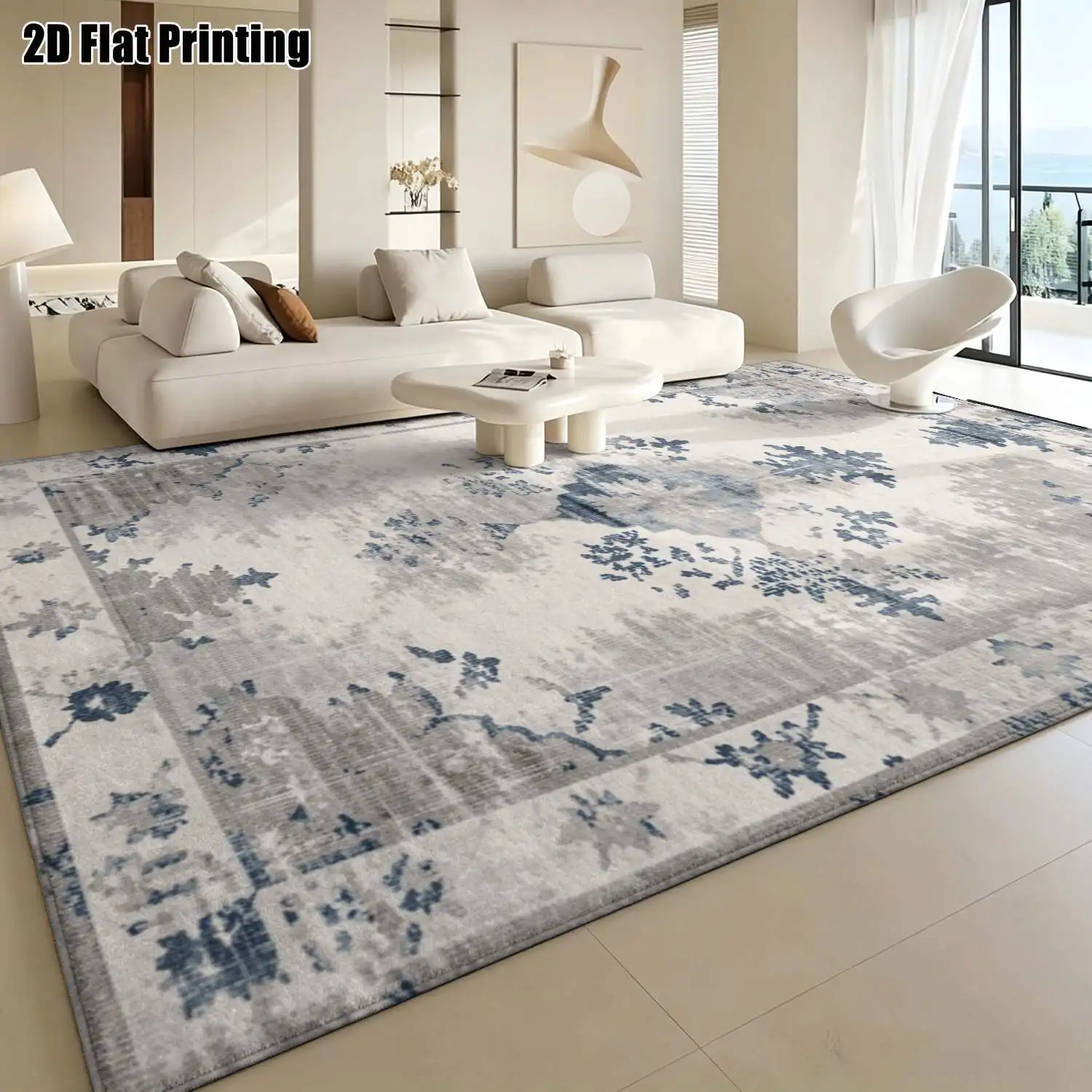 1Pc 2D Printed Carpet: Blue-Grey Retro European Pattern, Nordic Modern Simple Design, Multi-Size, Machine Washable, for Entrance, Dining, Foyer, Study, Living, Bedroom