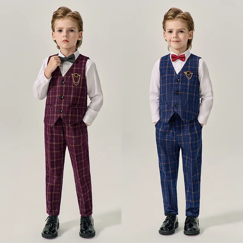 

Kids Plaid Vest Pant Tuxedos Boys Waistcoat Wedding Clothes Set Toddler Formal Dress Suits Child School Uniform Gentlemen Outfit
