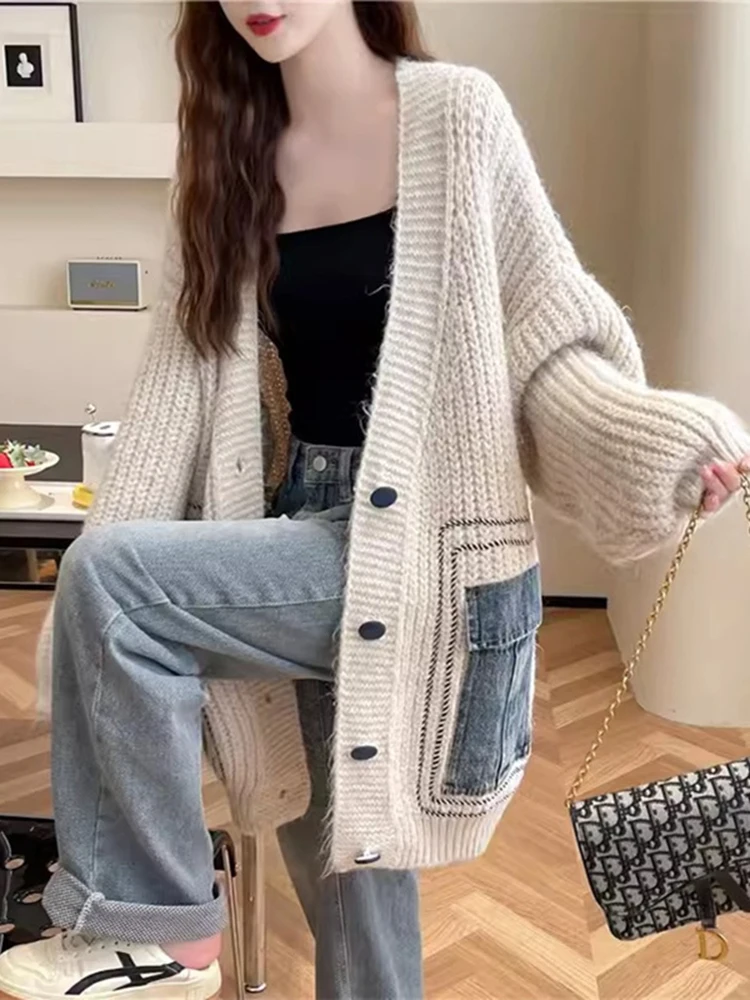 LANMREM Korean Style Knited Sweater Women\'s V-neck Single Breasted Denim Pockets Contrast Color Cardigan 2024 Autumn New 2Z2430