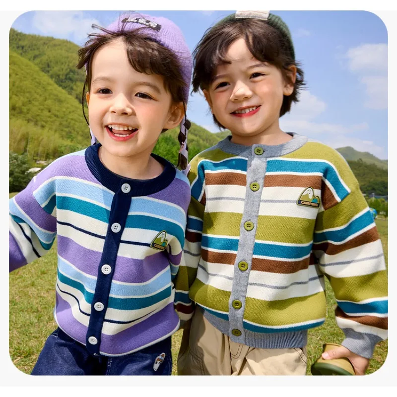 

Boys Girls Sweaters 2025 Spring Autumnl Colorful Striped Childrens Clothes Knitwear Trendy Tops Outerwear Cardigans