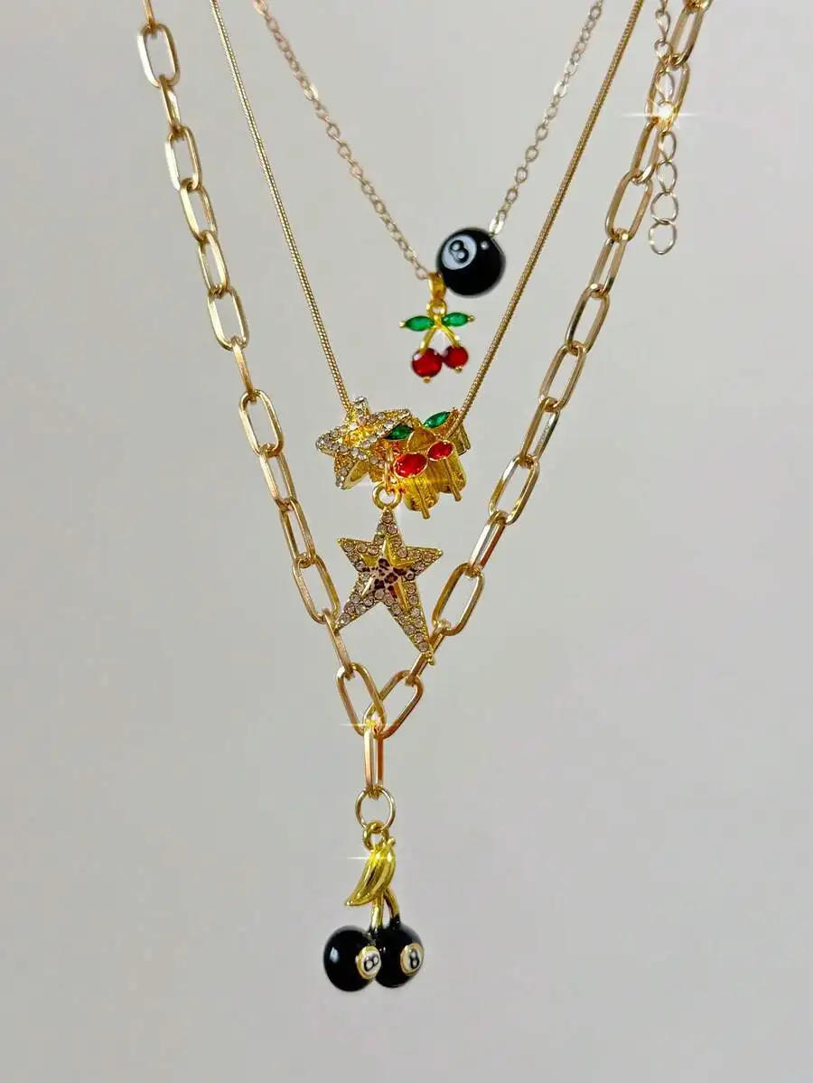 

3pcs Layered Charm Necklace Set With Star Cherry And 8 Ball Pendant Fashion Jewelry