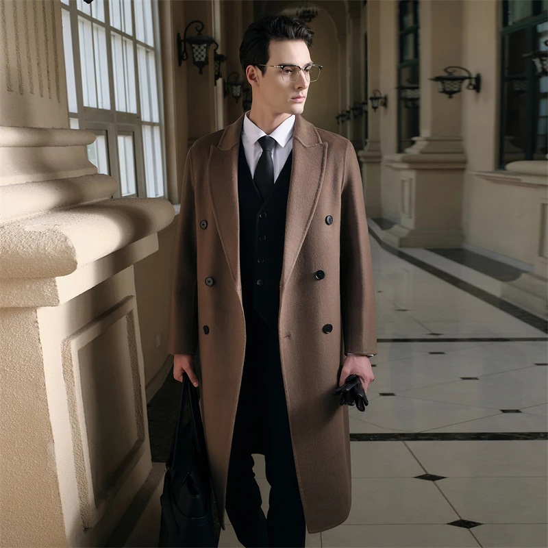 Men's 100% merino wool coat casual solid color coat loose lapel double-breasted double-sided wool coat long pocket