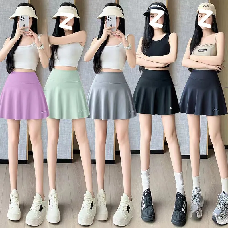 Summer Simple Solid-Color Women's Sports Short Skirt High-Waisted Elasticity Quick-Drying One-Piece Fake Two Shorts