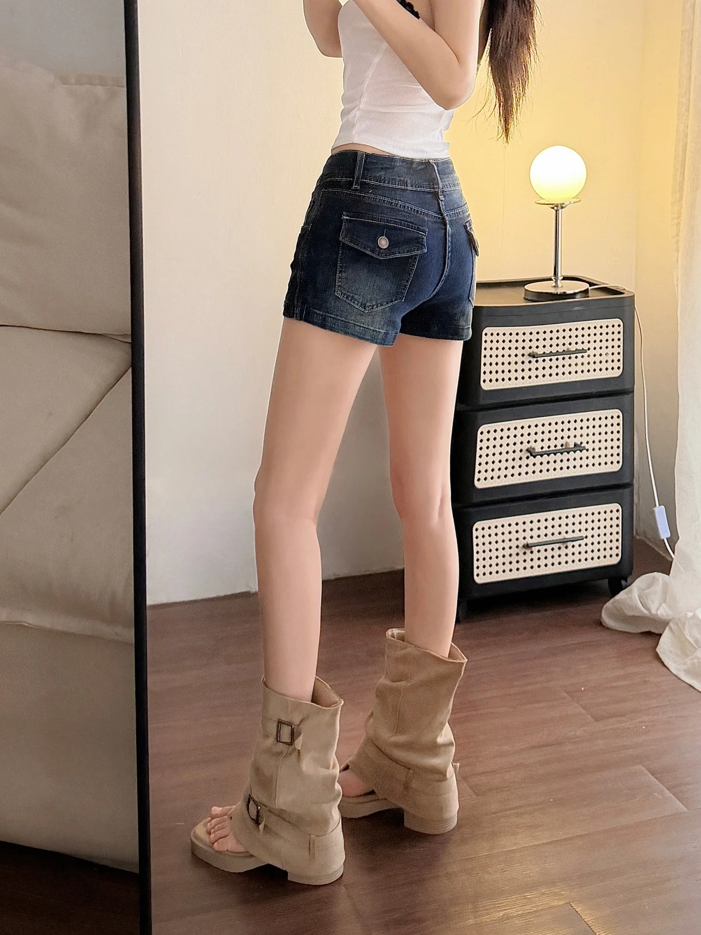

American Retro Hot Girl Denim Shorts Women's plus Size Summer High Waist Elastic Slim A-Line Wraparound Hot Pants