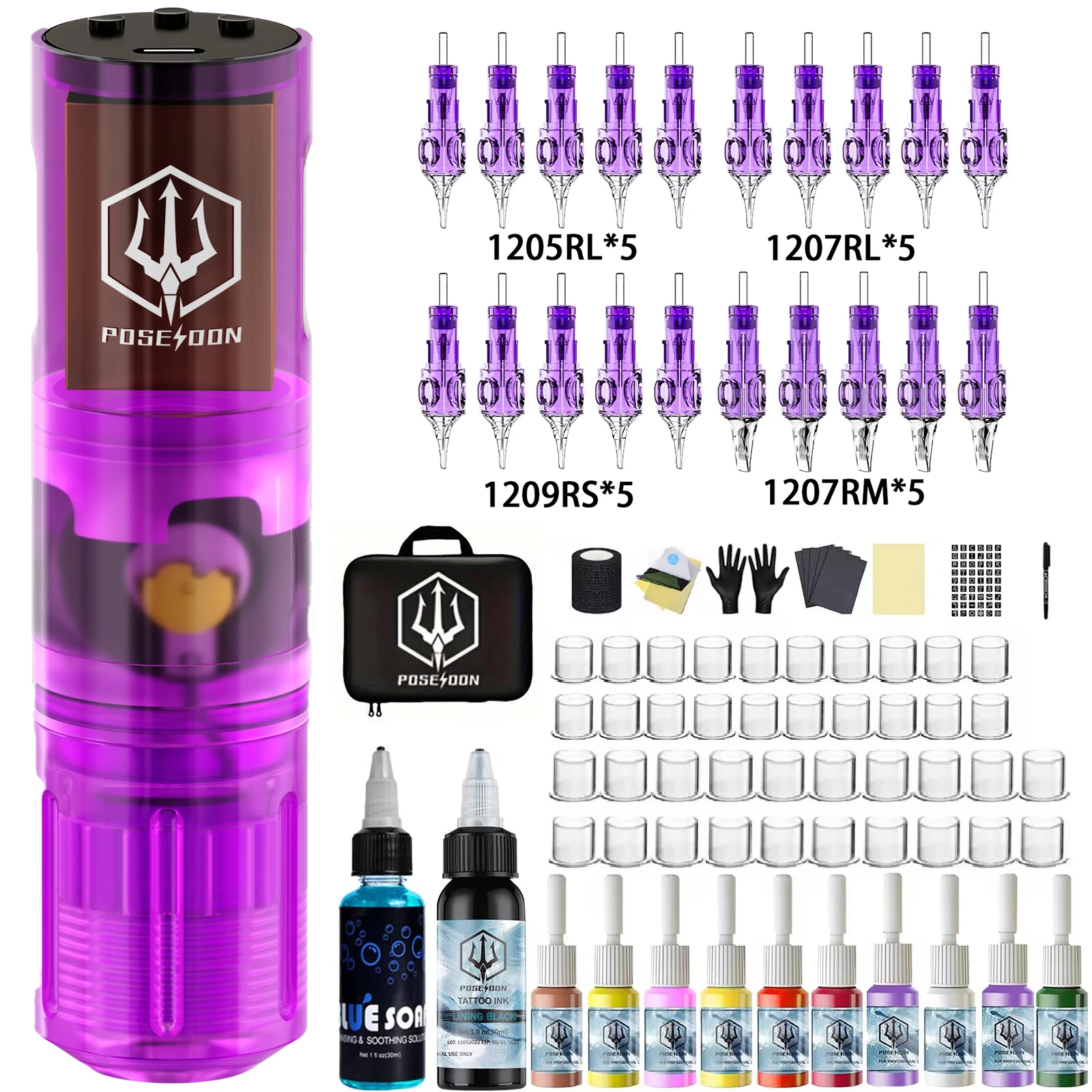

Tattoo Kit POSEIDON High Quality Tattoo Pen Kit For Permanent Makeup Tattoo Machine New Purple Tattoo Power Supply Tattoo Gun Ki