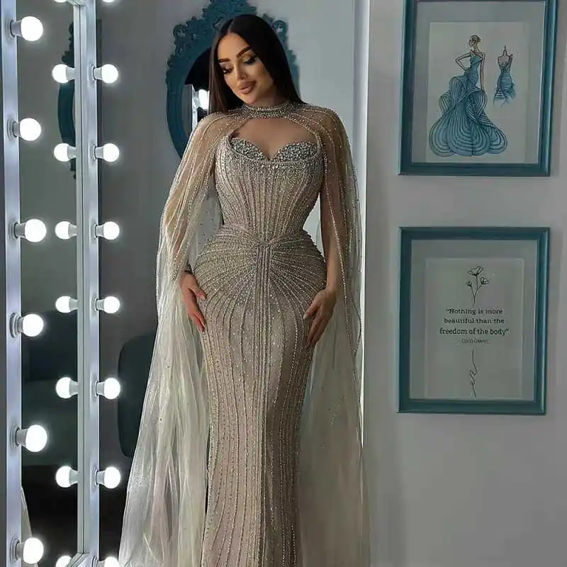 Crystals Beaded Mermaid Prom Dress Sequined Halter Lace Evening Formal Party Second Reception Dresses Custom Made