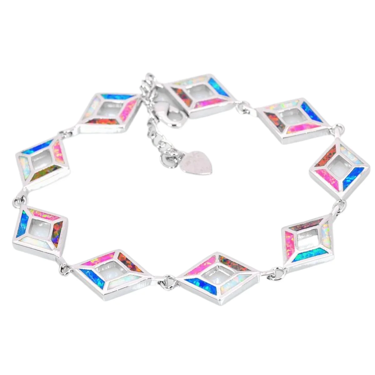 JieLing Multi-Color Opal Rhodium Plated Copper Bracelet Elegant Geometric Link Jewelry Gift for Women Sparkling Heart Charm