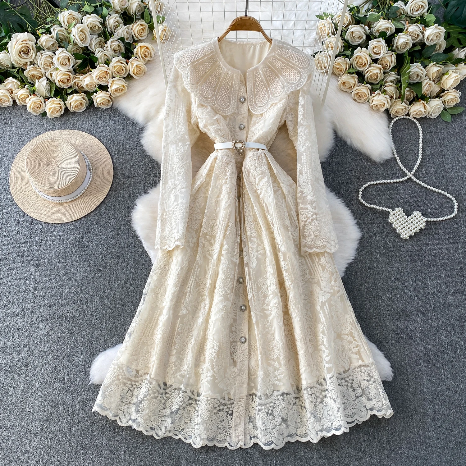 

Сексуальное элегантное длинное платье с длинными рукавами и воротником «Питер Пэн» и пуговицами, женские вечерние корейские модные платья для церемонии