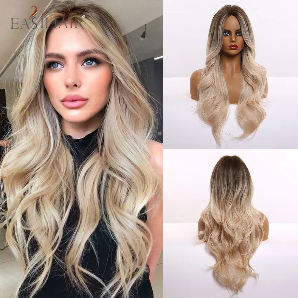 EASIHAIR Ombre brązowy jasny blond Platinum długie faliste środkowa część włosów peruka Cosplay naturalne żaroodporne peruka syntetyczna dla kobiet