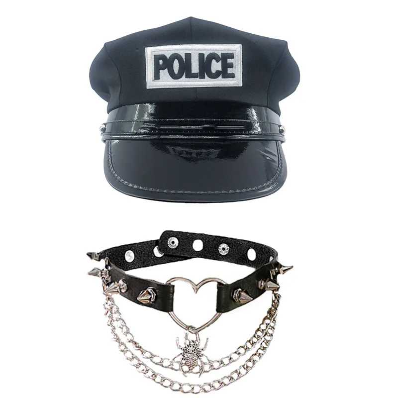 2pc PU Neck Collar Necklace Cosplay Police Hat Children's Fun Uniform Hat Costume Prop Hat Breathable Flat Top Large Cap