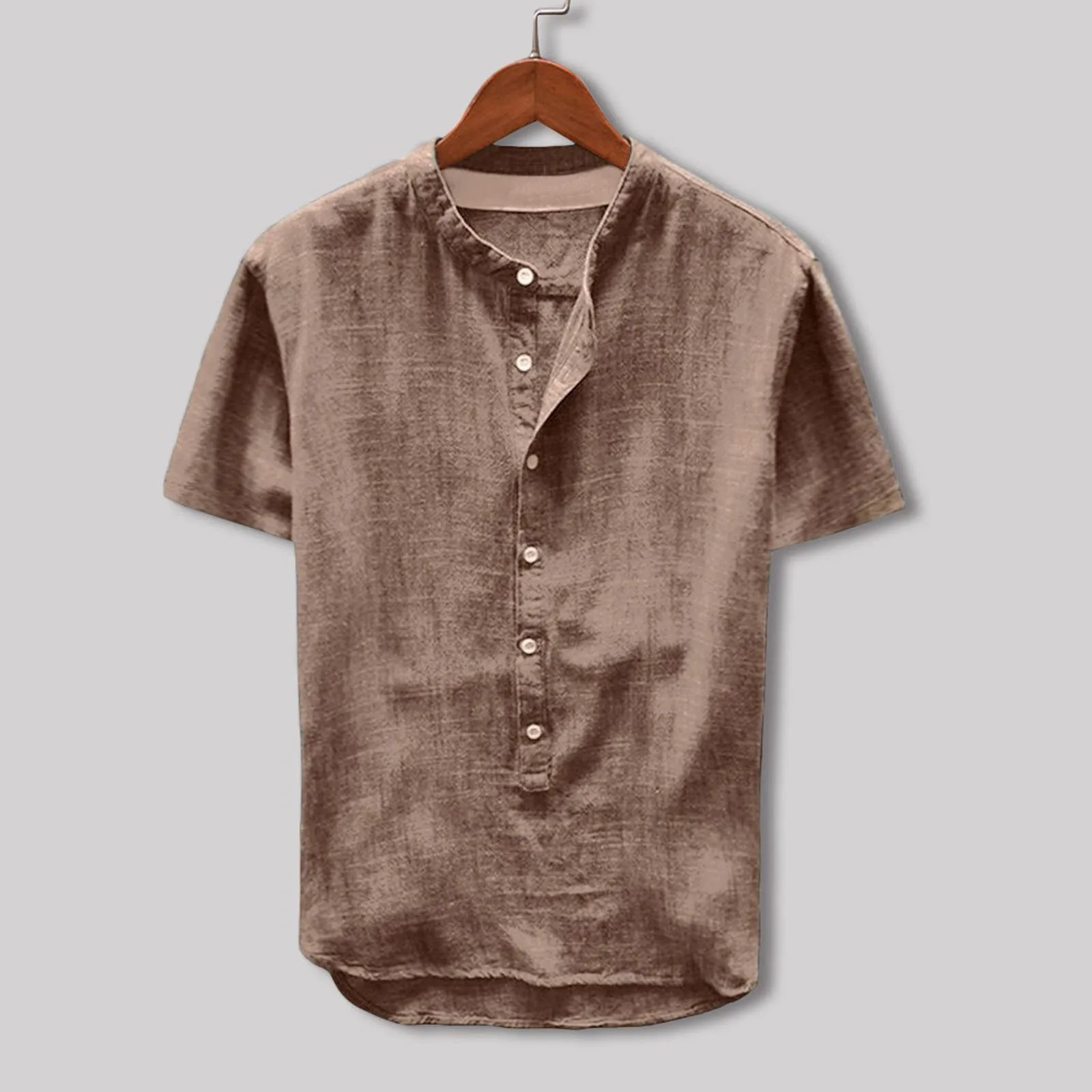 Tops 2024 Casual Style Men's Cotton Linen Solid Shirts Casual Street Solid Simple Short Sleeved Collarless Blouse Male Shirt