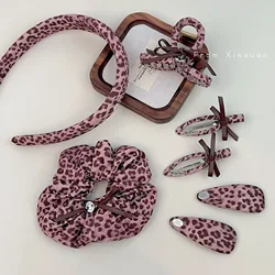 Sexy Pink Leopard Print Headband Hairclips Scrunchies High Quality Pink Purple PU Leather Leopard Hair Ties Barrettes Hair Claws