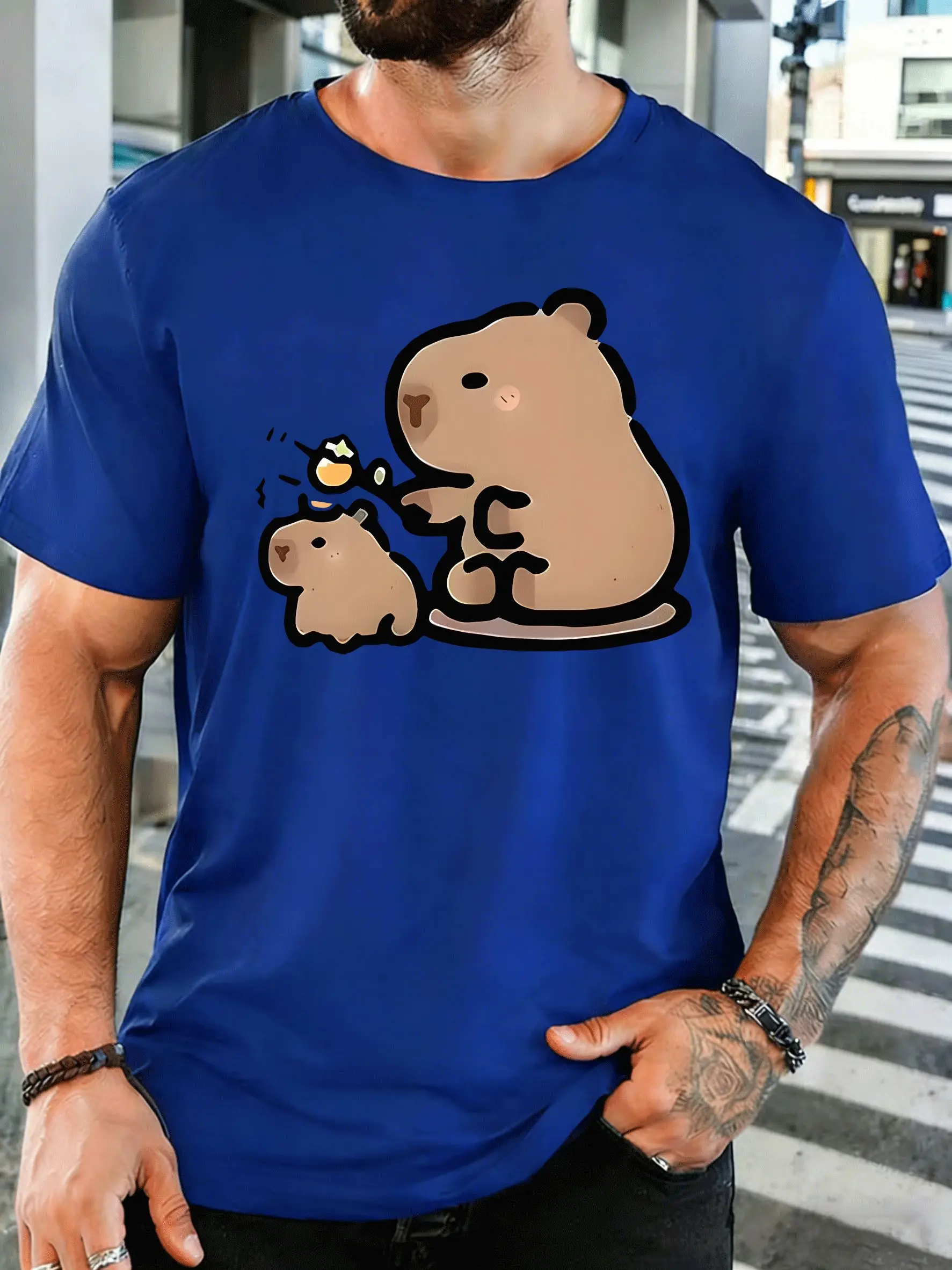Men Short Sleeve T Shirt Cute Capybara Family Graphic Tee Rodent Print Tops Summer Soft Cotton Casual Street Wear For Adult Male