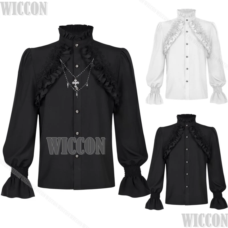 

2025 винтажный топ на Хэллоуин, косплей, темная готическая кружевная блузка, рубашка, 2 цвета, черная рубашка, карнавальный костюм для мужчин и женщин, ролевая игра