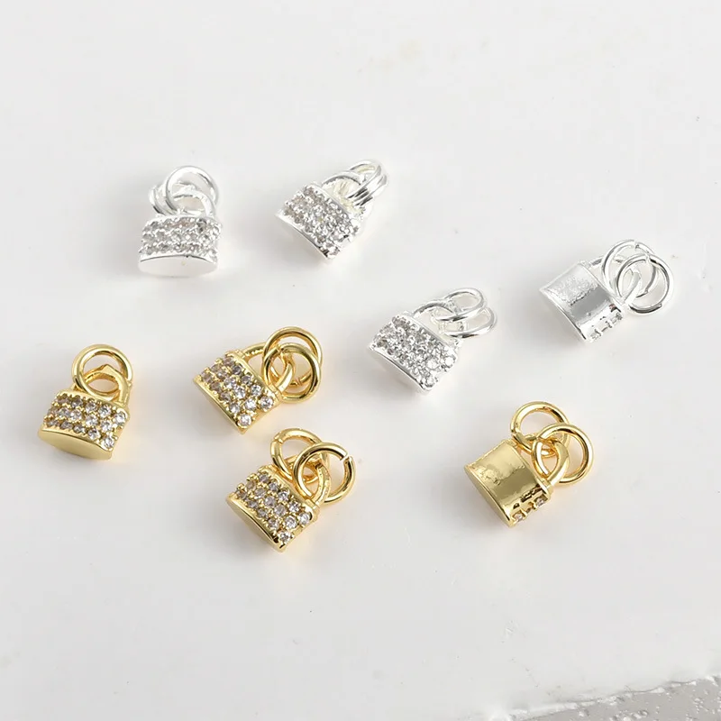 18k Real Gold Color Double Ring Zircon Inlaid Small Lock Pendant DIY Handmade Bracelet Necklace Earrings Accessories Material