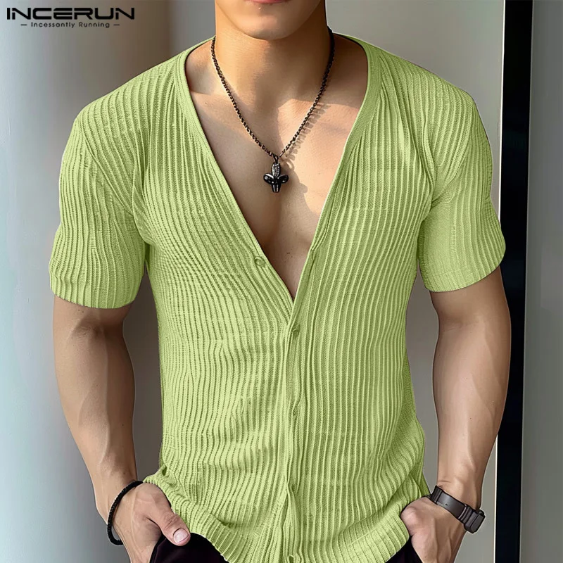 INCERUN Men Summer Tops Deep V Neck Button Down Short Sleeve Ribbed Knitted Casual Shirts Stripe Textured Leisure T Shirt