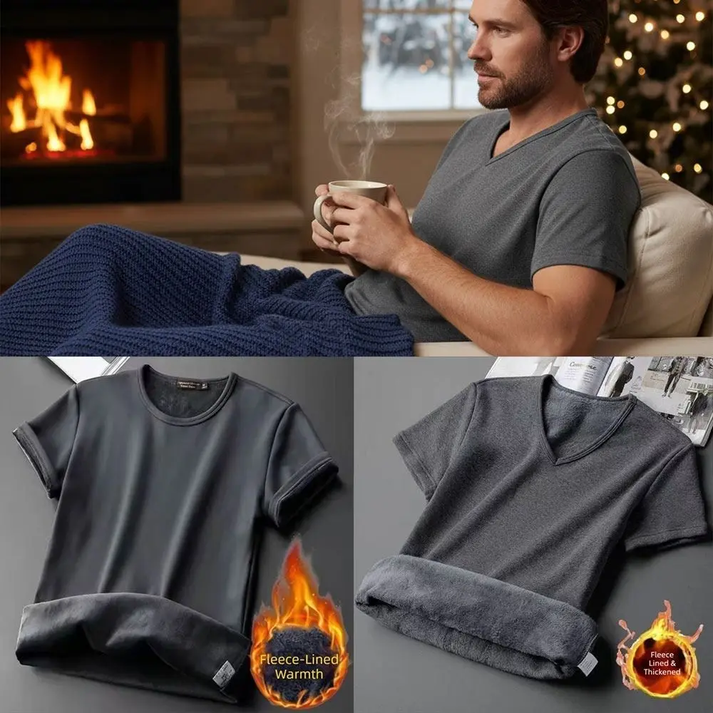 Soft Fleece Lined Men's Short Sleeve Round Neck V-Neck Men's T-Shirt Pure Color Thickened Fleece Short Sleeve Winter