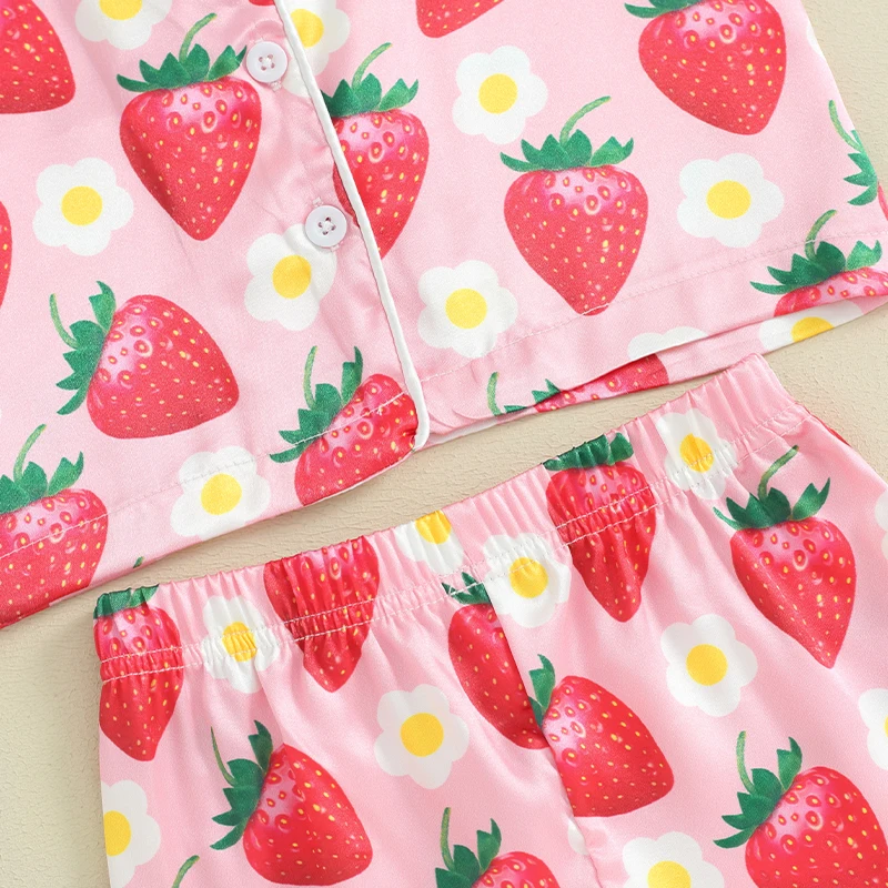 Kids Girls Summer Pajama Sets Short Sleeve Lapel Shirt Strawberry Print Shorts 2 Pieces Sleepwear for 1 Years to 7 Years