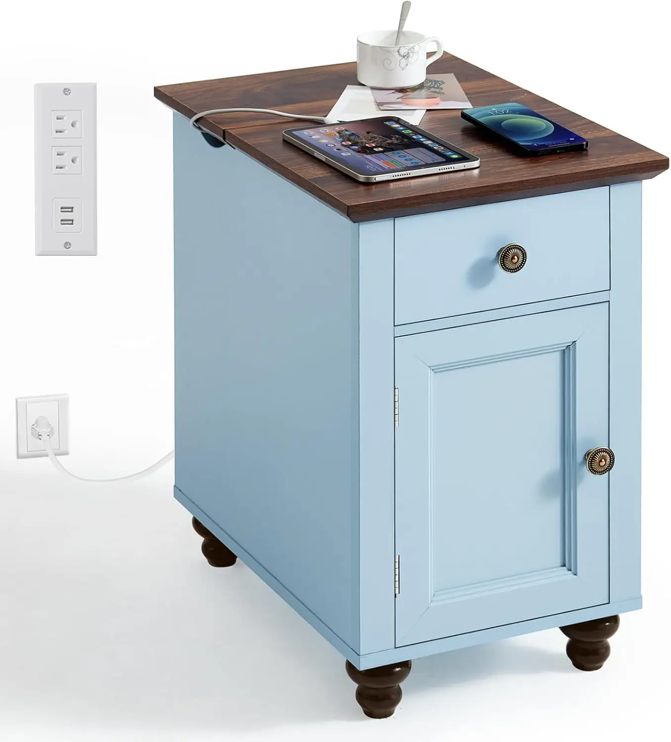 

Side Table with Hidden Charging Station, End Table with Door and Drawer Light Blue