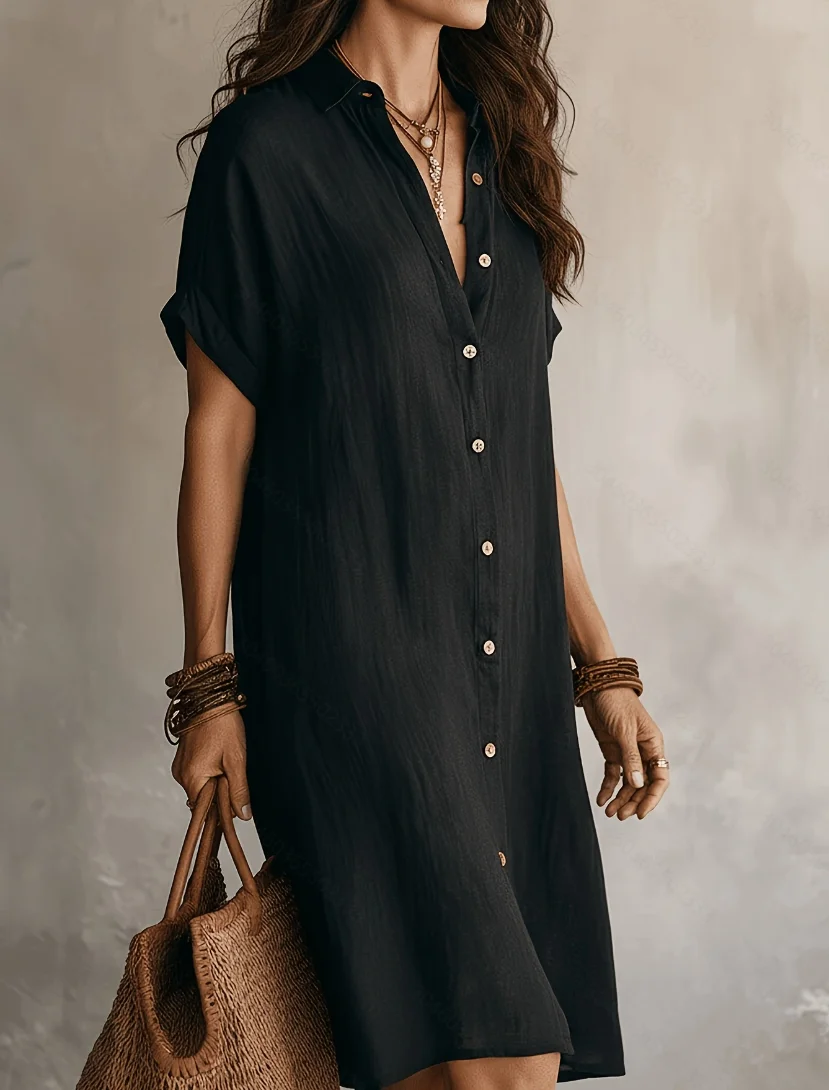 2026 Summer New Collection Black Textured Lapel Short-Sleeve Shirt Dress Loose Single-Breasted Vacation Cardigan Mid-Length Dress Plus Size Women's Casual Vacation Outfit