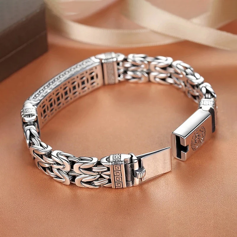 Style Retro 925 Silver Bracelet Woven Snap Double Rows Row Square Chain Six-Character Mantra Bracelet Men Party Jewelry Gift