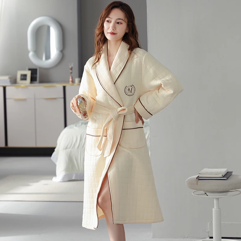 Newest Winter Robe Thick Warm Air Clip Cotton Long Sleeve Bathrobe Loose M-4XL Female Robe