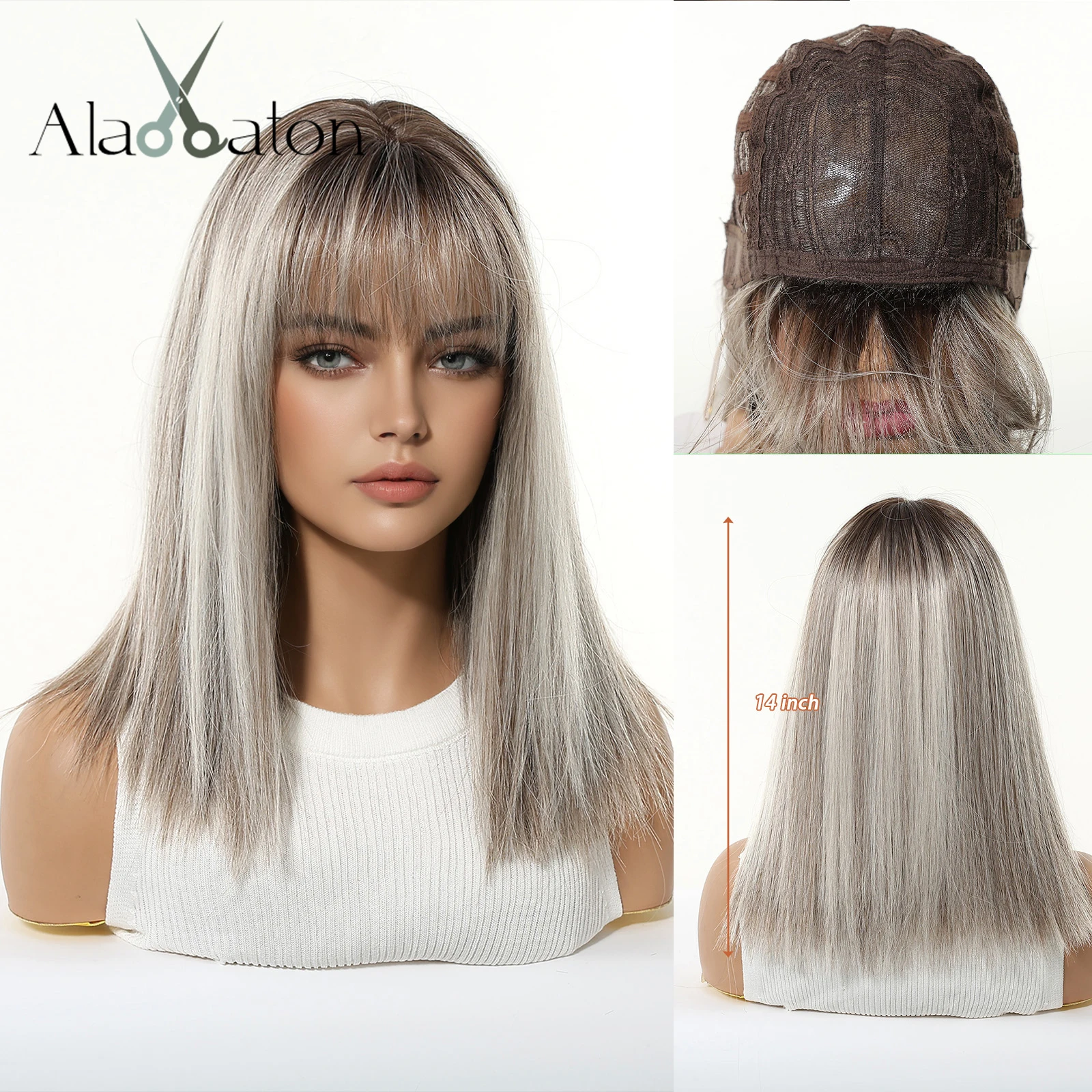 

Синтетические парики ALAN EATON средней длины, прямые, с челкой, серо-коричневые с блонд-оттенками, для женщин, длина до плеч