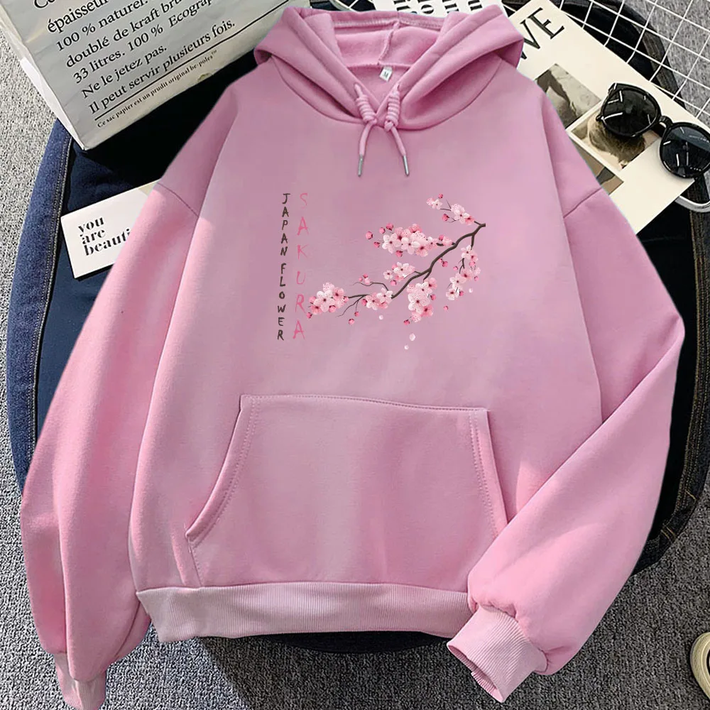 Japanese Blossom Sakura Printing Hoodies Female Casual Long Sleeve Sweatshirt with Pocket Women/Men Winter Comfortable Pullovers