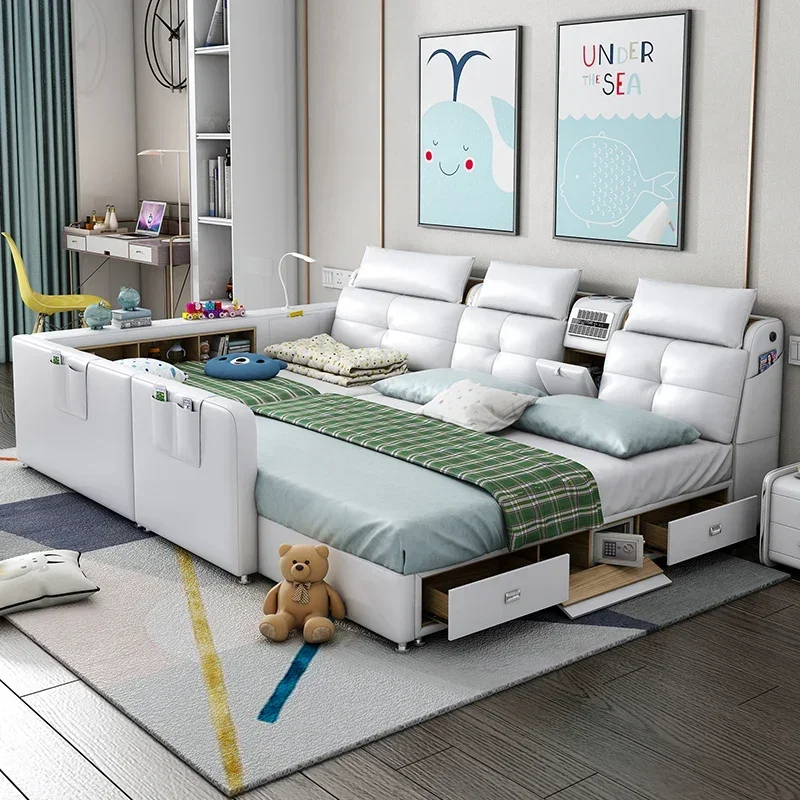 Children's Bed Boys and Girls Princess Bed with Guardrail Splicing Widened Parent-child Mother Leather Tatami Solid Wood