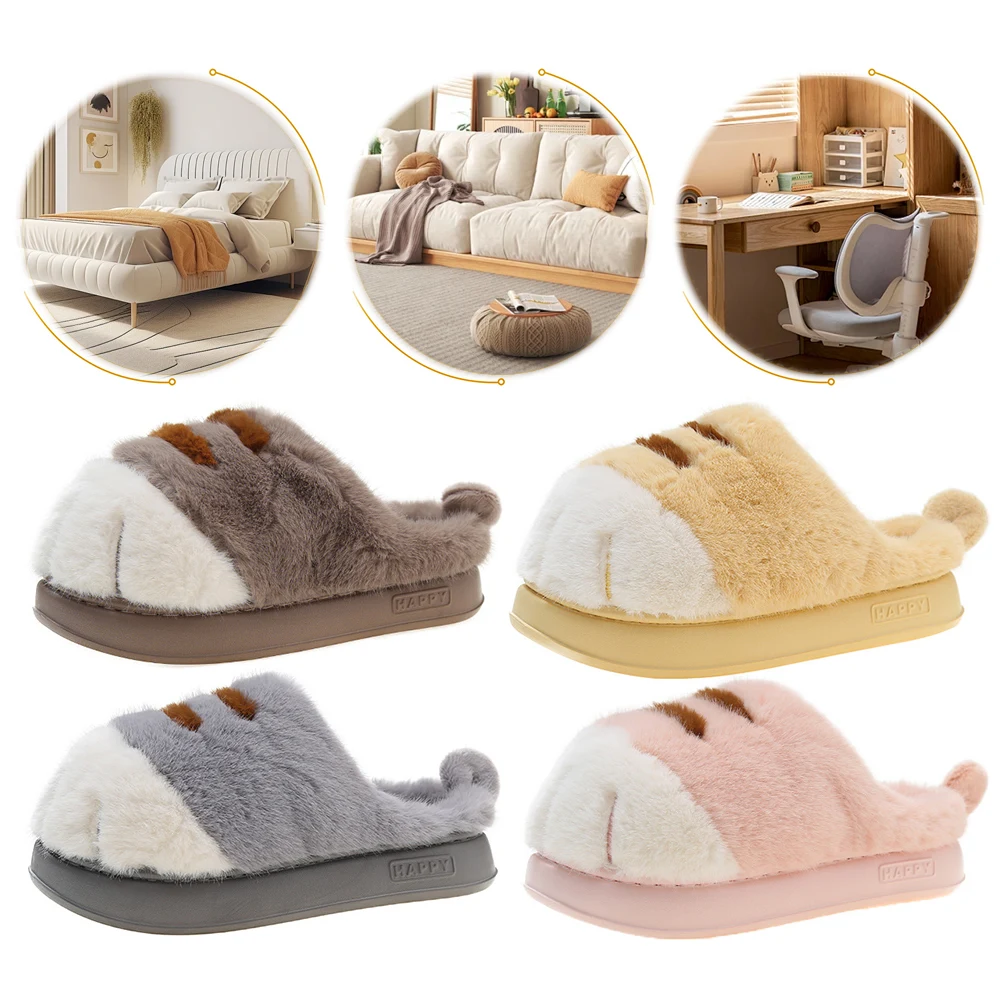 3D Cat Paw Plush Slippers Flat Thermal Slippers Comfortable Fluffy Home Slippers Furry Paw Couple Slippers for Indoor Bedroom