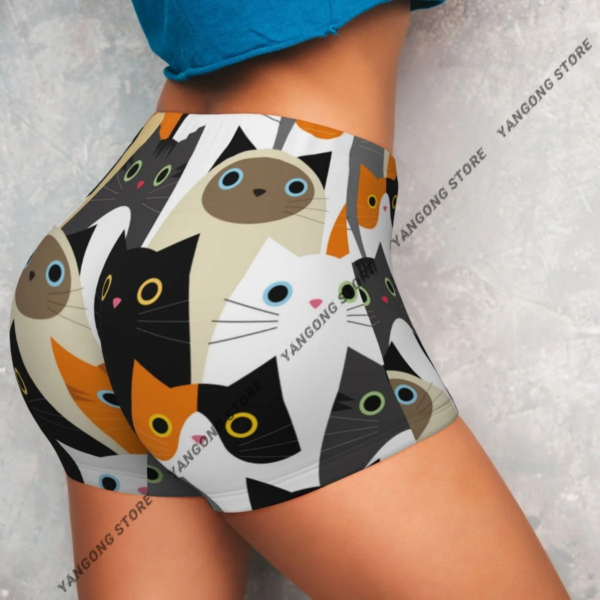 Push Up Short Elasticity Scrunch Butt Cute Cats Print Running Shorts Sports Shorts Womens Clothes Gym