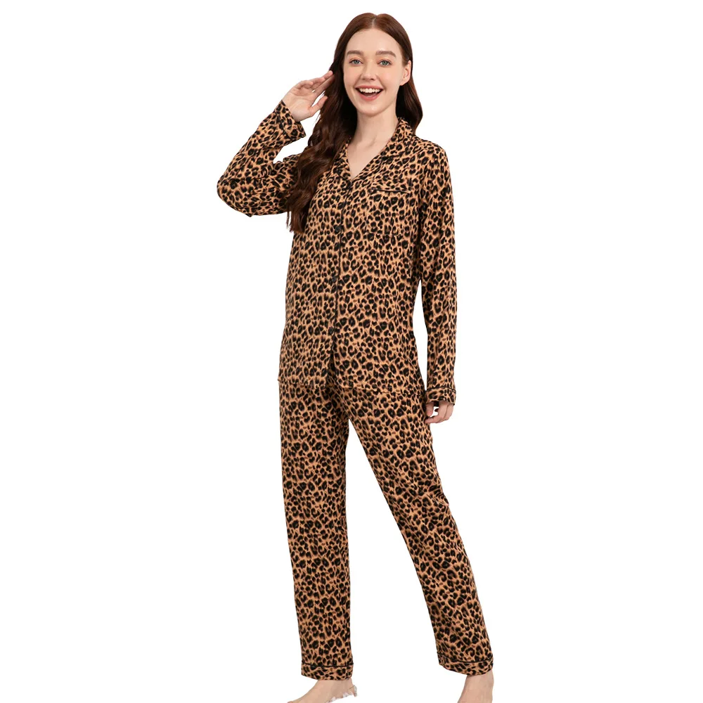 Plus Size S-3XL Leopard Print Viscose Pajama Sets for Women Long Sleepwear Loungewear INS Style Sleepwear Pijamas