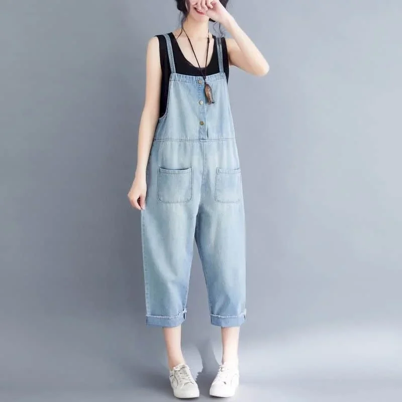 

Denim Jumpsuits Casual Straight Capri Pants Korean Fashion Solid Vintage Blue Emaciated Rompers One Piece Outfits Women Clothing