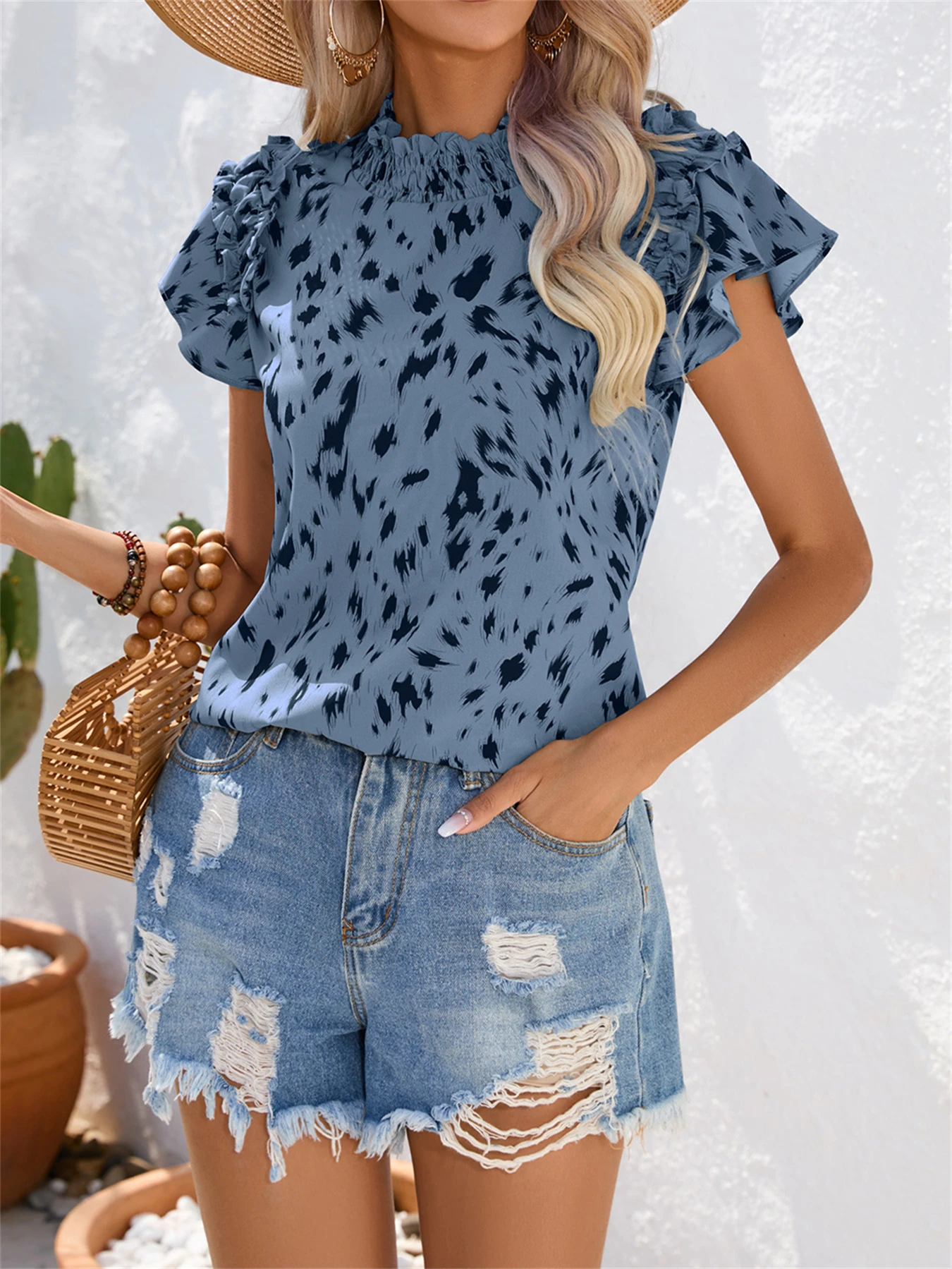 Spring Summer Casual Round Neck Wooden Ear Ruffled Leaf Sleeves Leopard Print Shirt Women Vacation Blouse