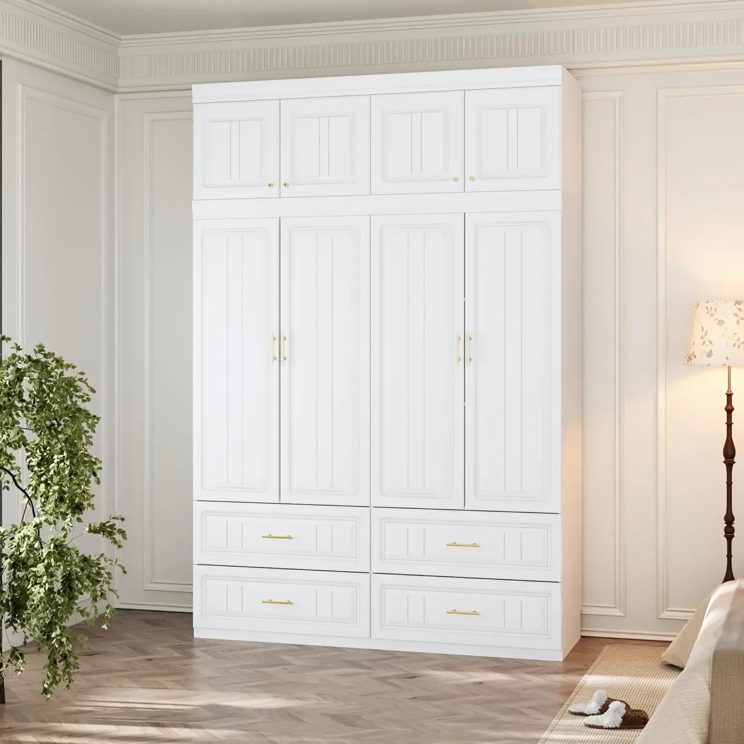 4-Door Wardrobe Armoire with 4 Drawers, Shelves, Hanging Rod, Gold Handles & Top Cabinets, White, 20.6