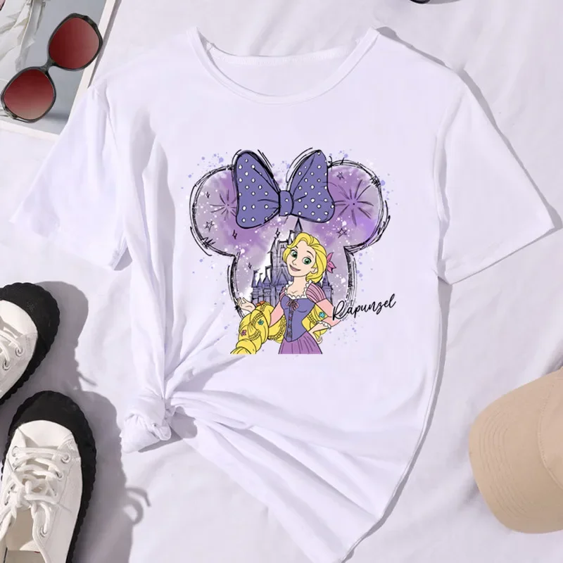 Camiseta blanca con estampado de la Sirenita Ariel para mujer, camiseta de princesa con cuello redondo, camisetas holgadas de manga corta Kawaii dulce e informal