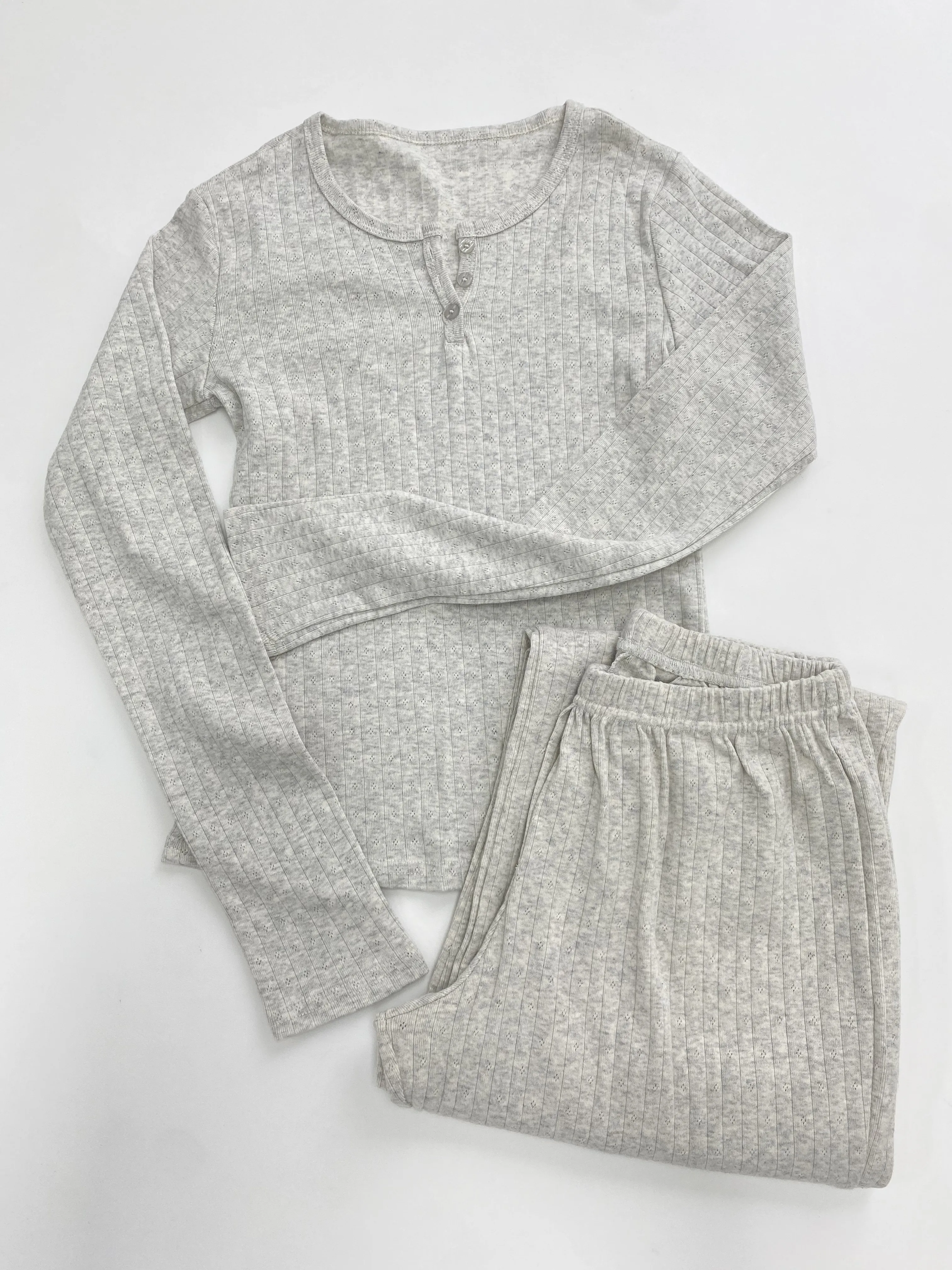 

Gray Cotton Eyelet 2 Piece Sets Women New Buttons Long Sleeve Tee+Elastic Waist Straight Trousers Home T-shirt Pant Pajama Set